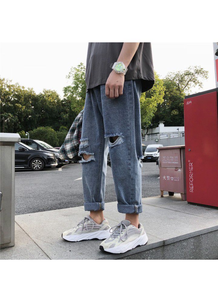 Boys' pants: Harajuku fashion jeans Korean loose straight beggars' pants with holes in autumn