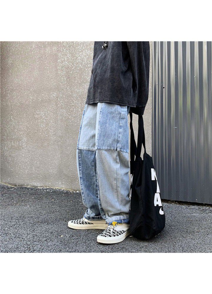 Autumn fashion brand ins splicing wide leg jeans men's Korean version straight tube loose youth trend casual pants