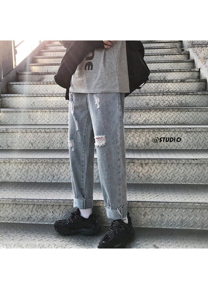Autumn and winter new letter hole jeans Korean fashion brand casual Capris and trendy straight pants