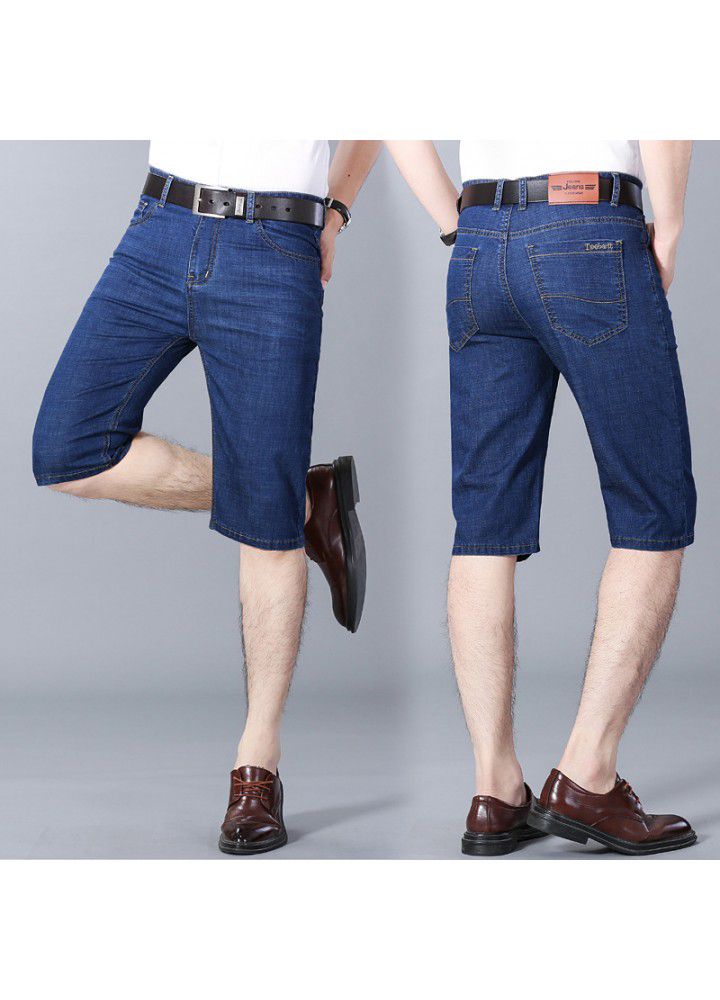 Denim shorts men's summer 2021 elastic thin casual spot blue middle waist Youth Foreign Trade washed cotton pants