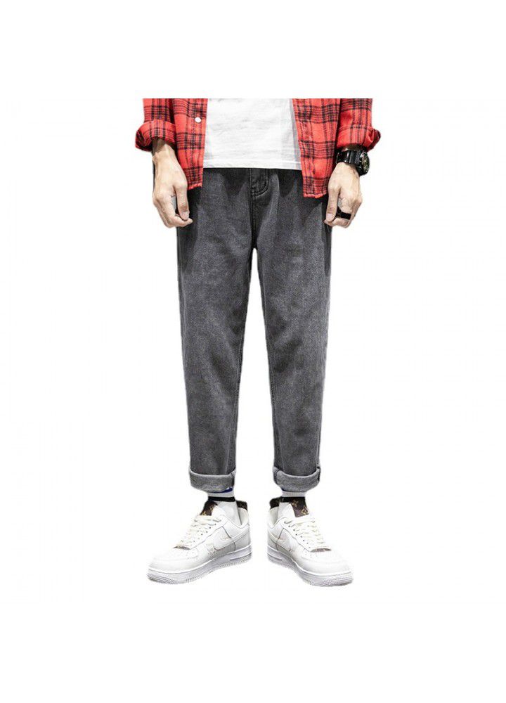 Men's jeans 2021 four seasons Korean mid waist casual spot youth ordinary cotton springless wide leg pants pants