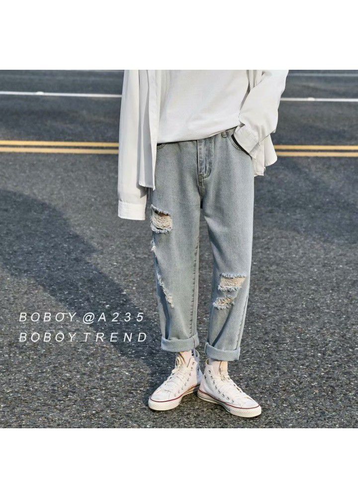 Summer thin jeans with holes men's wide legs loose trend light beggars nine point CEC straight pants