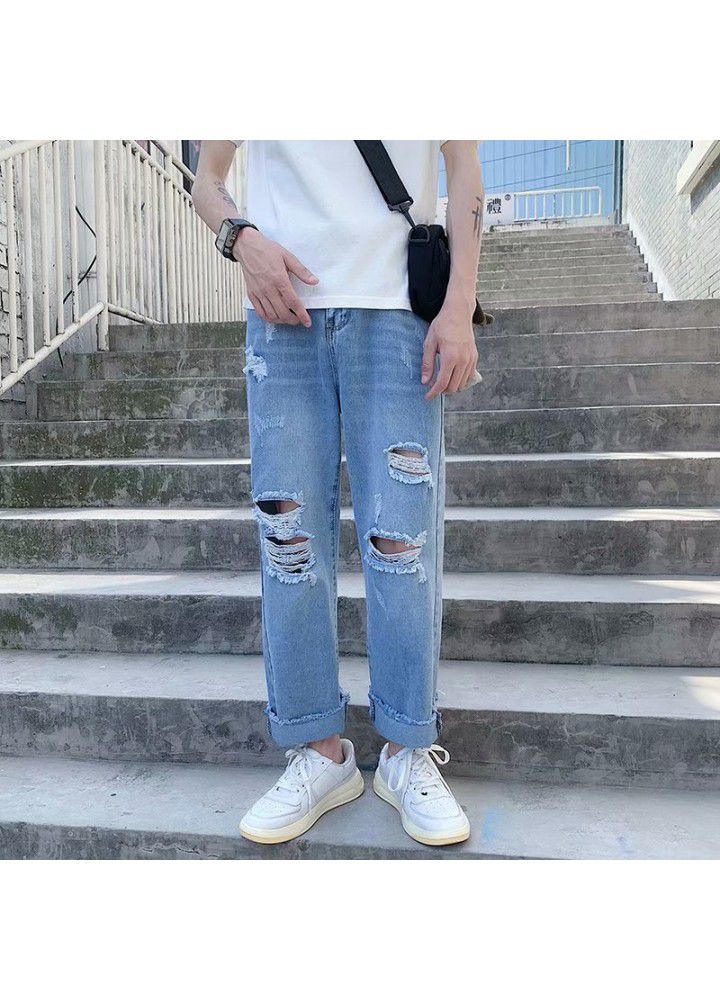 Ins student Harajuku style retro beggar hole hip hop jeans men's Hong Kong Style loose nine point straight pants