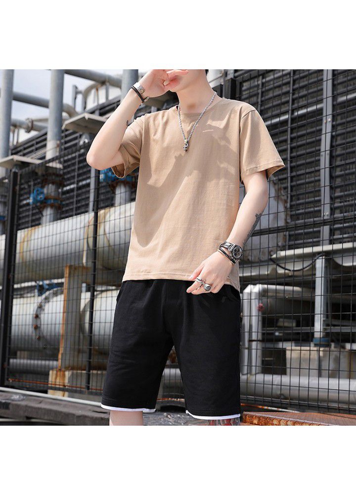 2021 summer short sleeve suit men's fashion brand pure color Xinjiang cotton loose T-Shirt Top short pants men's fashion
