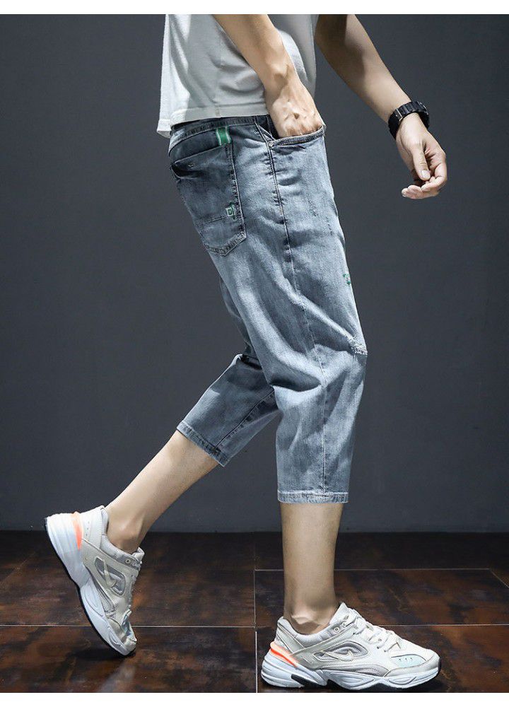 7-point denim shorts men's summer thin loose Harun Korean fashion casual hole fashion brand 7-point pants