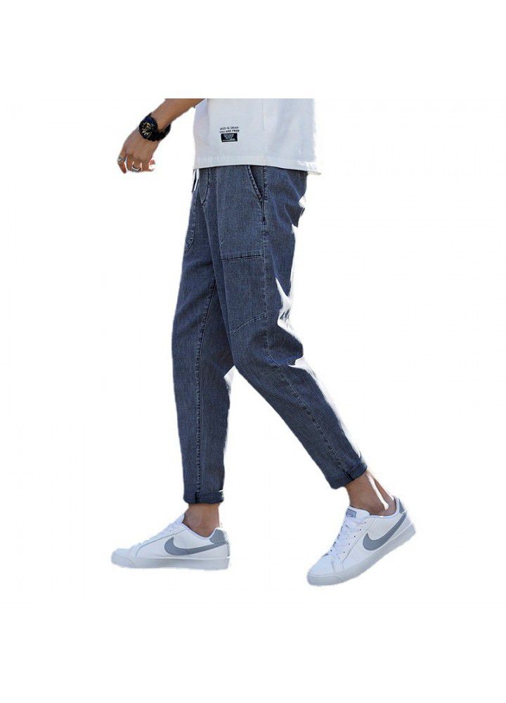 Men's jeans autumn 2021 Hong Kong Style Men's fashion Youth Foreign Trade bullet less men's small leg quarter pants
