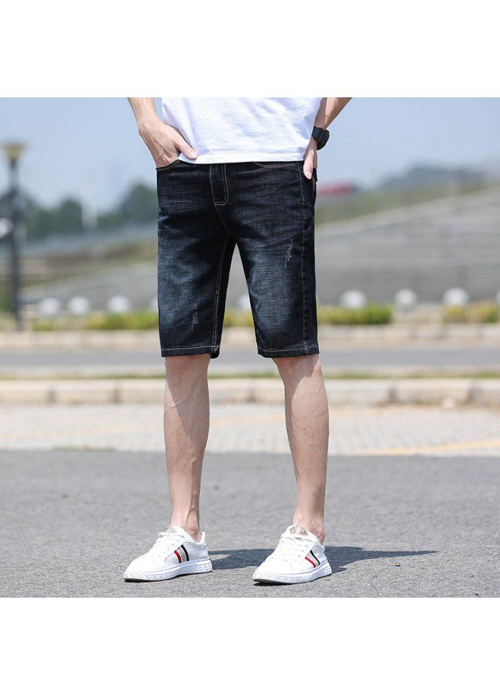 2021 summer cotton denim thin middle waist elastic washing foreign trade youth leisure spot wholesale men's Denim Shorts