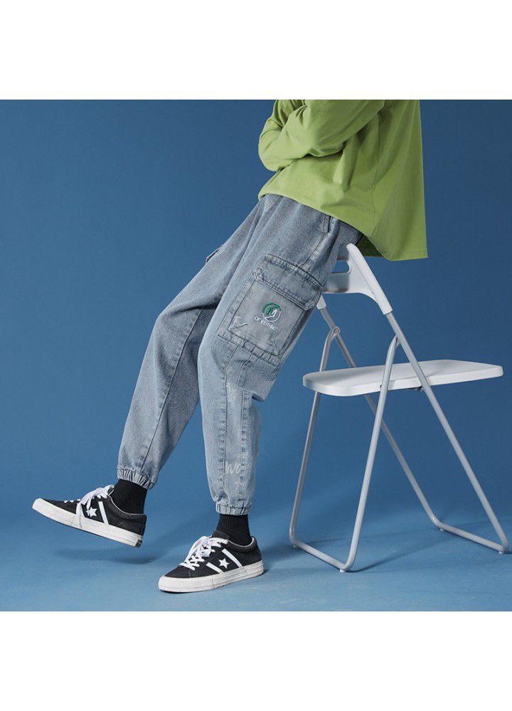 Men's autumn Korean version overalls middle waist wash bullet free spot youth cotton 90% casual jeans men's pants
