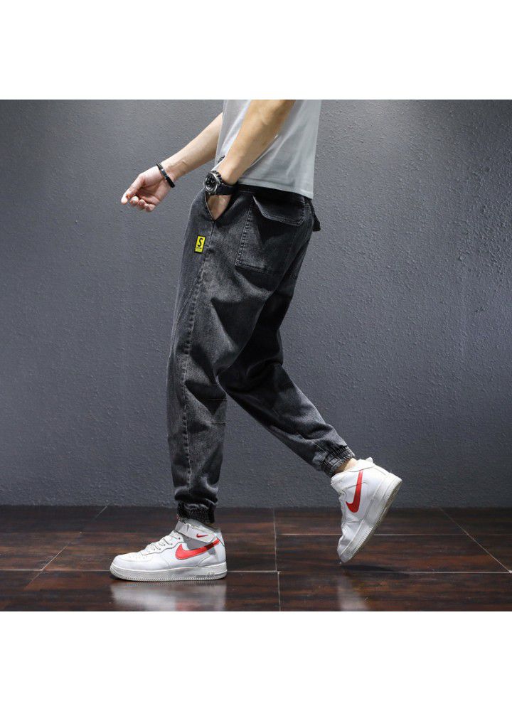 Korean fashion medium waist large size loose four seasons leisure fashion pants young men's lace up small leg jeans