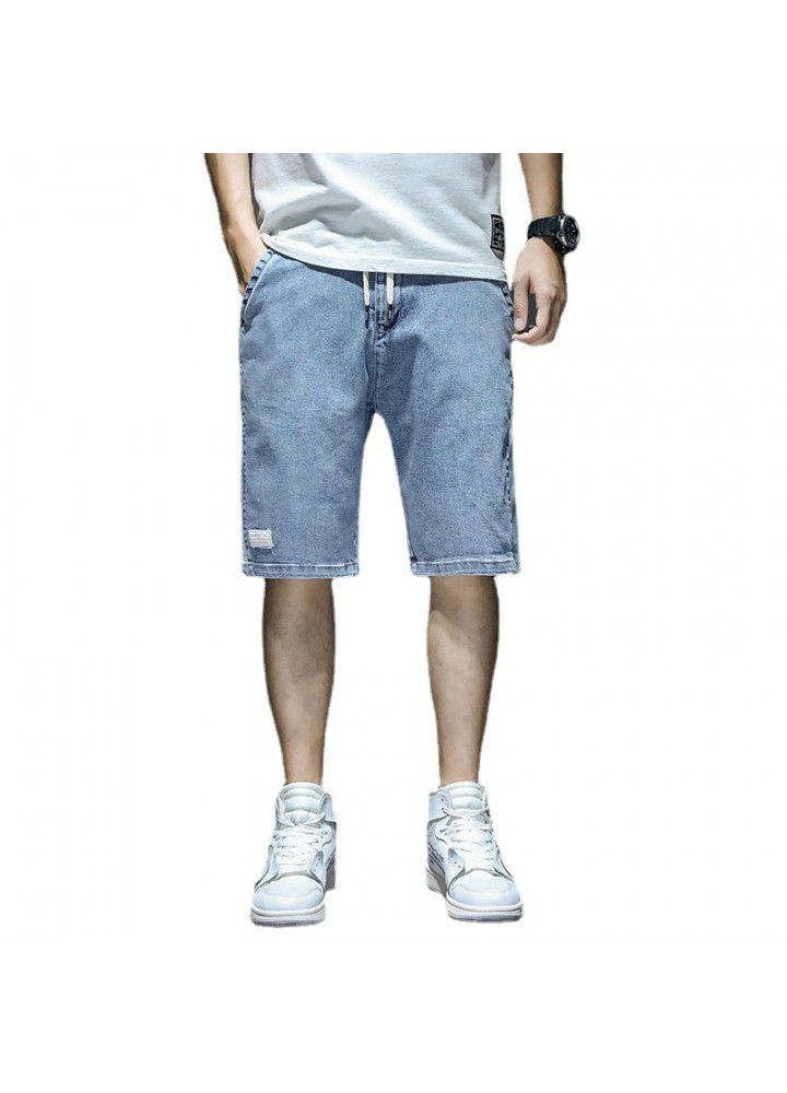 Summer denim shorts men's wear 5-point trend, holes, elastic waist, fashion brand, loose men's 5-point middle pants