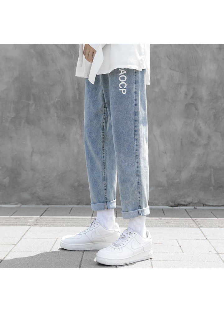 2021 autumn ordinary casual jeans in stock youth elastic free cotton blue mid waist Capris men's wide leg pants
