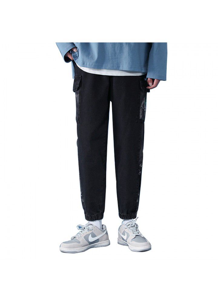 Men's autumn Korean version overalls middle waist wash bullet free spot youth cotton 90% casual jeans men's pants