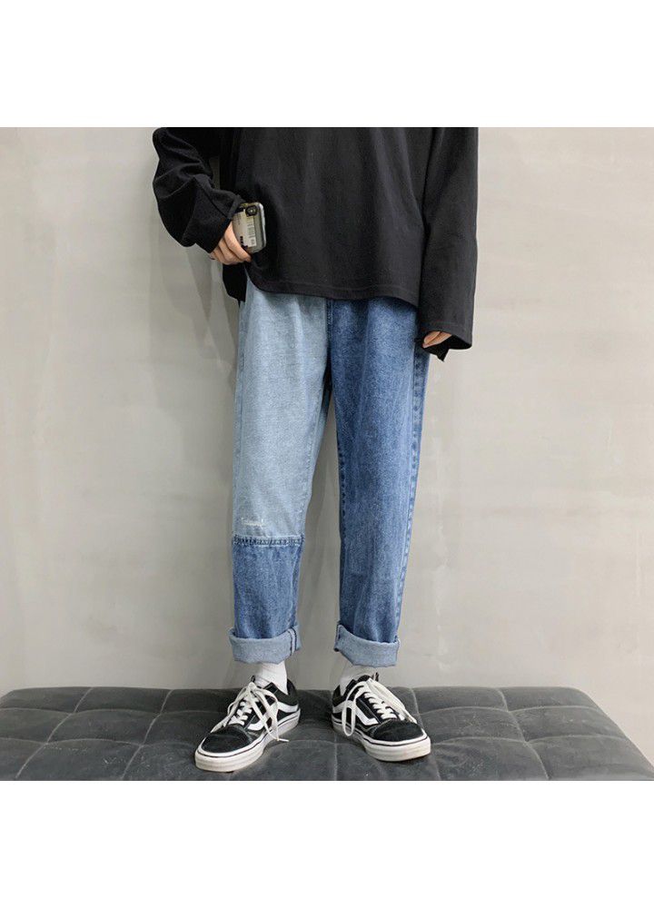 Hong Kong style color matching jeans men's fashion brand loose straight pants summer wide leg men's pants