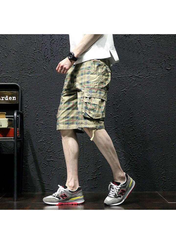 Cross border e-commerce hot selling summer new casual pants Plaid Multi Pocket overalls middle Pants Capris men's trendy pants