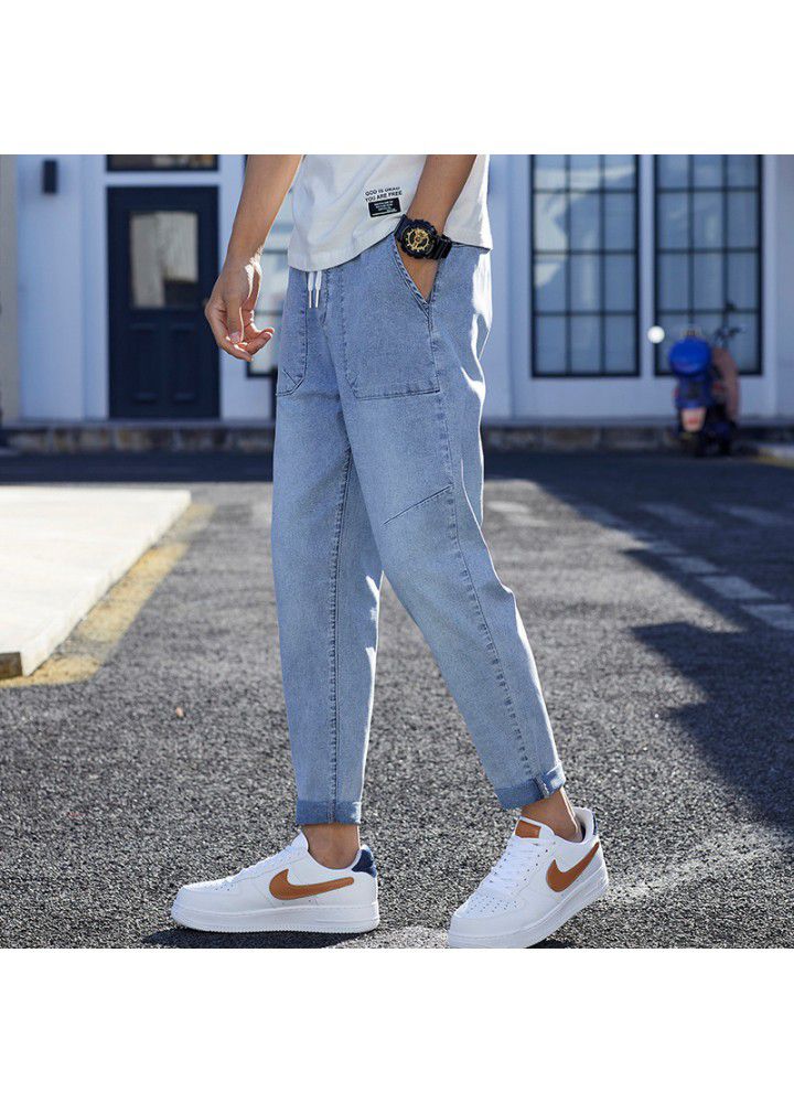 Men's thin jeans in spring and summer new elastic casual loose foreign trade washing trend mid waist quarter pants