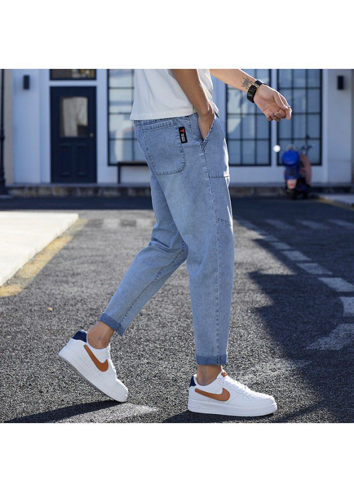 Men's jeans autumn 2021 Hong Kong Style Men's fashion Youth Foreign Trade bullet less men's small leg quarter pants