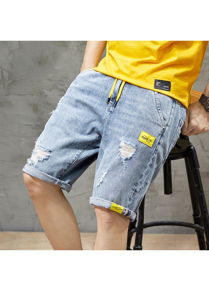 Summer denim shorts men's wear 5-point trend, holes, elastic waist, fashion brand, loose men's 5-point middle pants