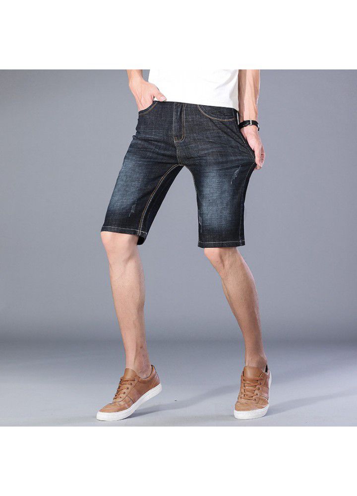 Summer men's jeans 2021 thin 5-point pants elastic Korean wash leisure Youth Foreign Trade shorts