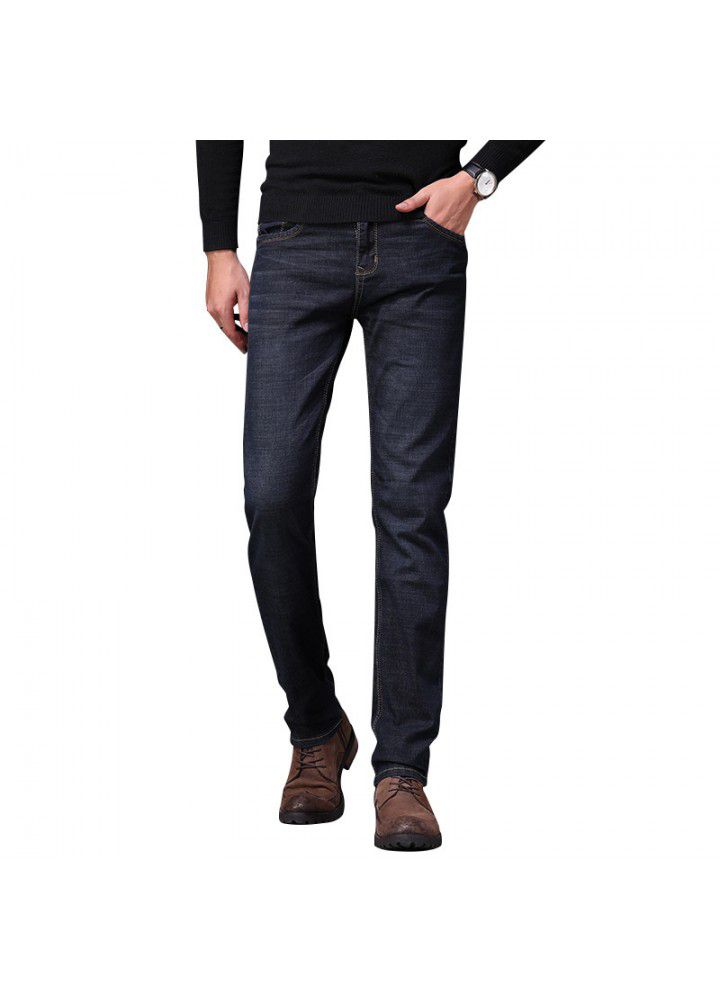 2021 new four seasons middle aged jeans men's high elastic slim loose straight pants denim one hair