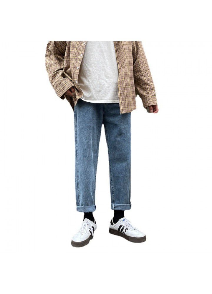2021 spring and autumn couple Korean youth loose straight tube Street trend jeans casual Capris students
