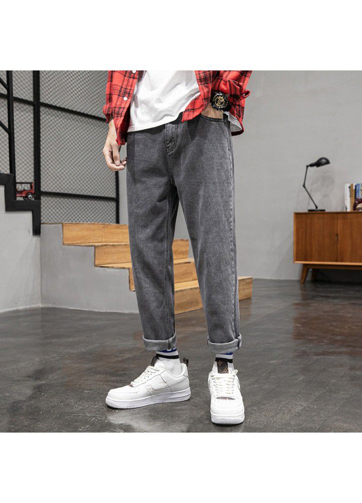 Men's jeans 2021 four seasons Korean mid waist casual spot youth ordinary cotton springless wide leg pants pants