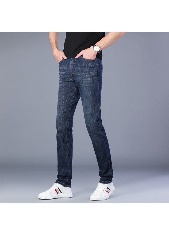 Men's slim fit jeans spring and summer thin foreign trade Korean straight elastic leisure wash waist youth trousers
