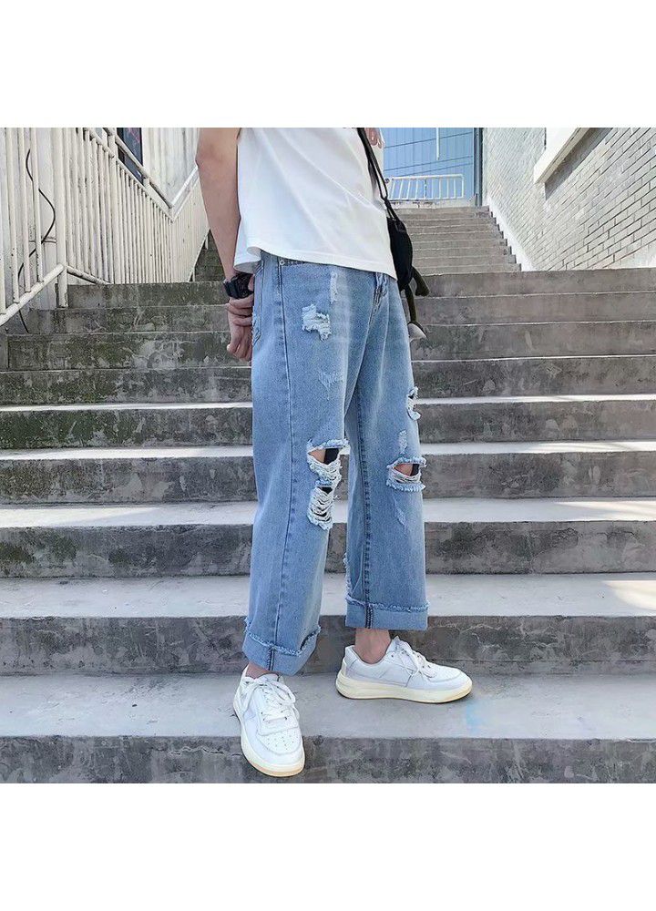 Ins student Harajuku style retro beggar hole hip hop jeans men's Hong Kong Style loose nine point straight pants