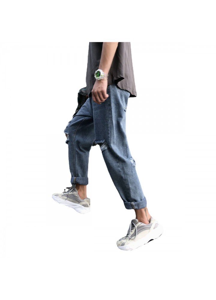 Boys' pants: Harajuku fashion jeans Korean loose straight beggars' pants with holes in autumn