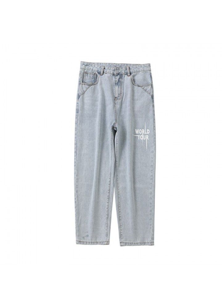 Jeans men's straight tube loose Korean fashion summer thin student pants men's wide leg pants