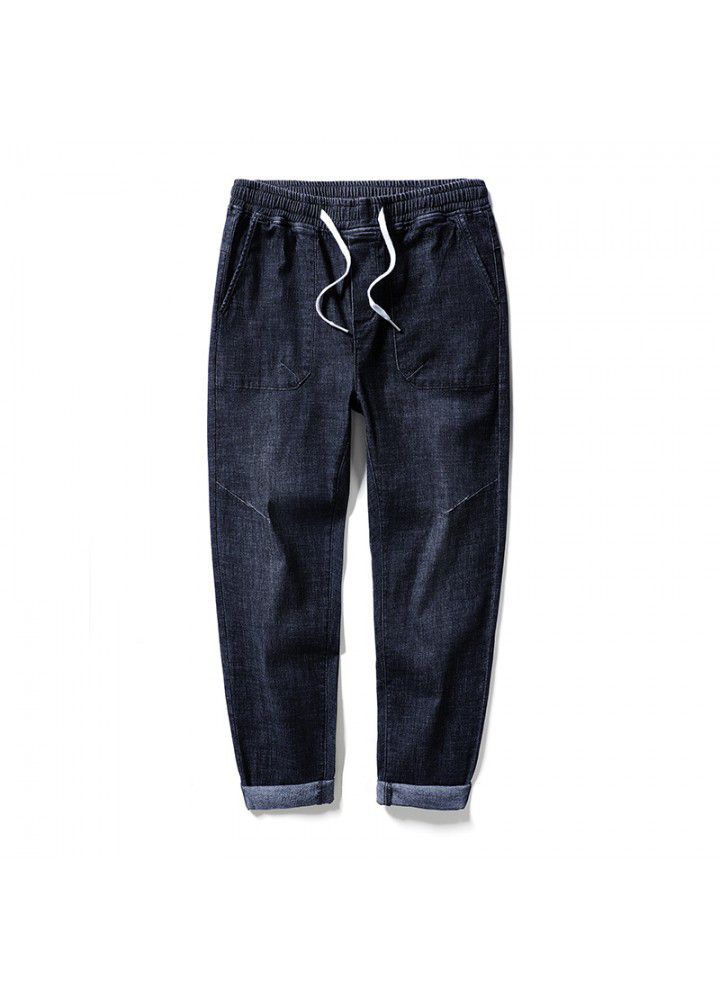 Men's thin jeans in spring and summer new elastic casual loose foreign trade washing trend mid waist quarter pants