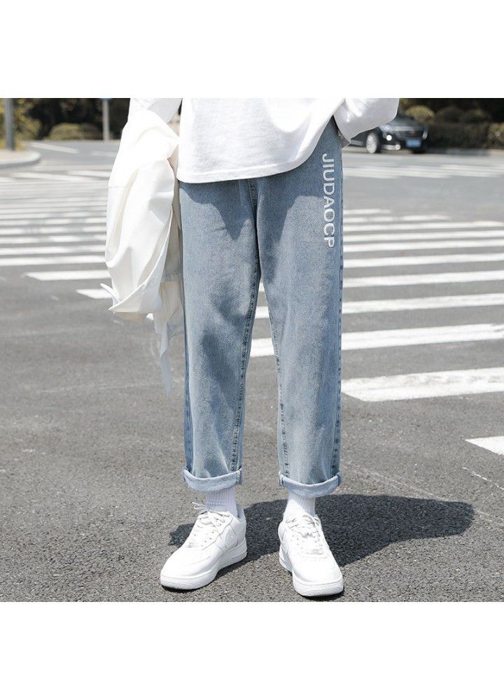 2021 autumn ordinary casual jeans in stock youth elastic free cotton blue mid waist Capris men's wide leg pants