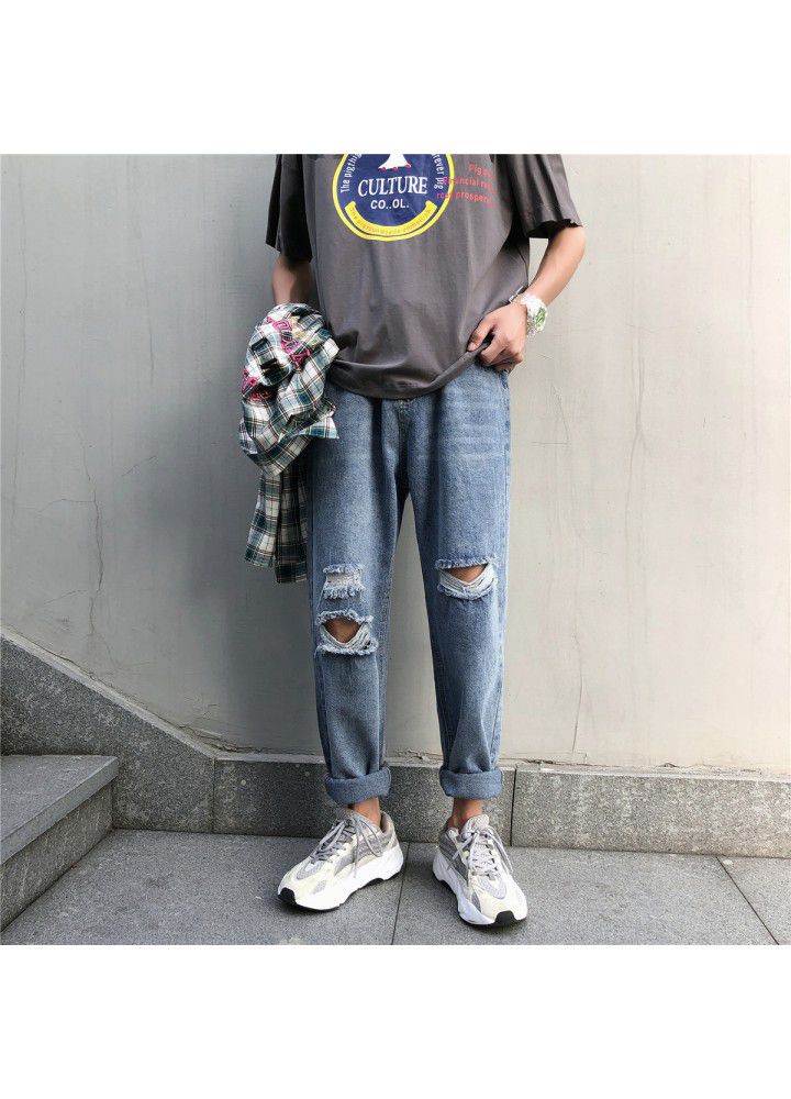 Boys' pants: Harajuku fashion jeans, Korean loose straight beggars' pants, summer holed Capris