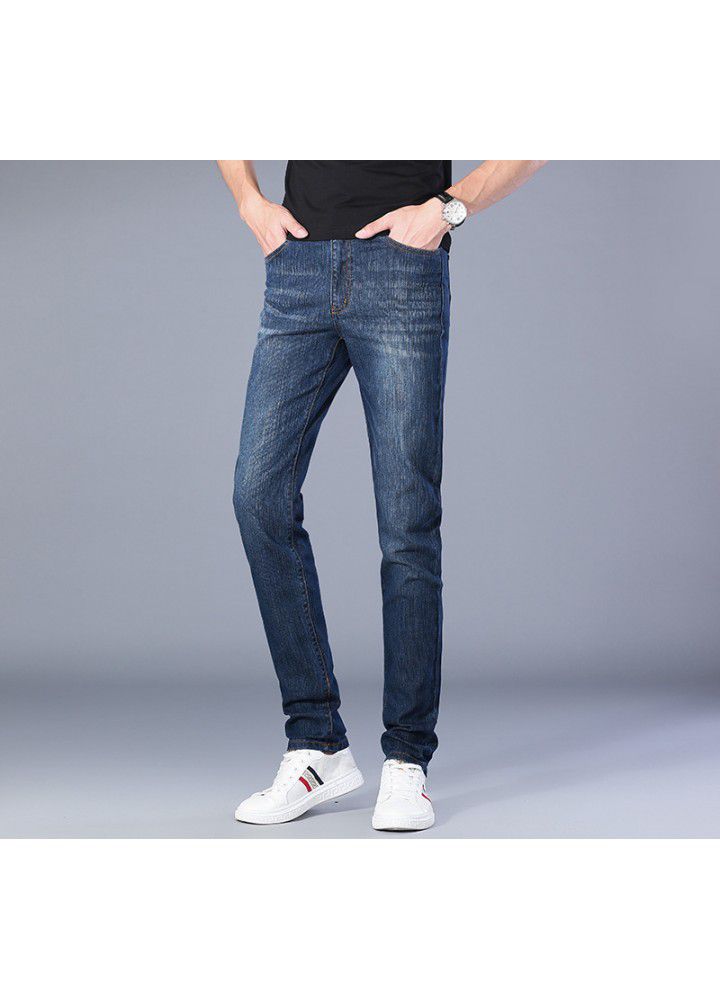 Men's slim fit jeans spring and summer thin foreign trade Korean straight elastic leisure wash waist youth trousers