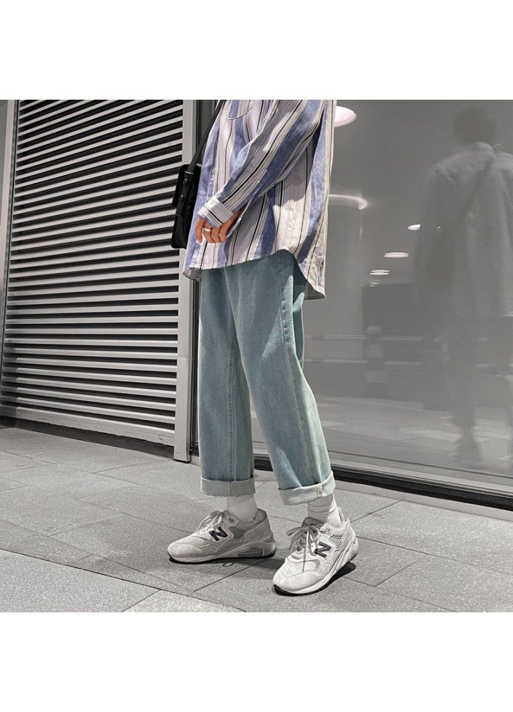 2021 spring and autumn couple Korean youth loose straight tube Street trend jeans casual Capris students