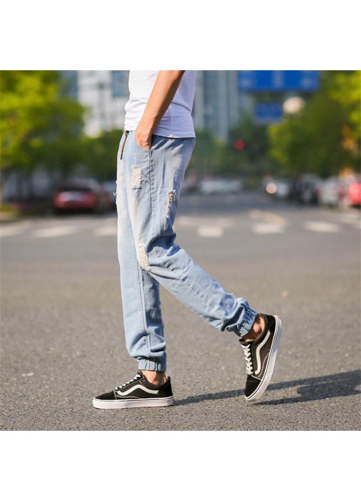 Wholesale spring and autumn men's small feet Korean version Harlan men's holed Leggings fashion men's baggy jeans