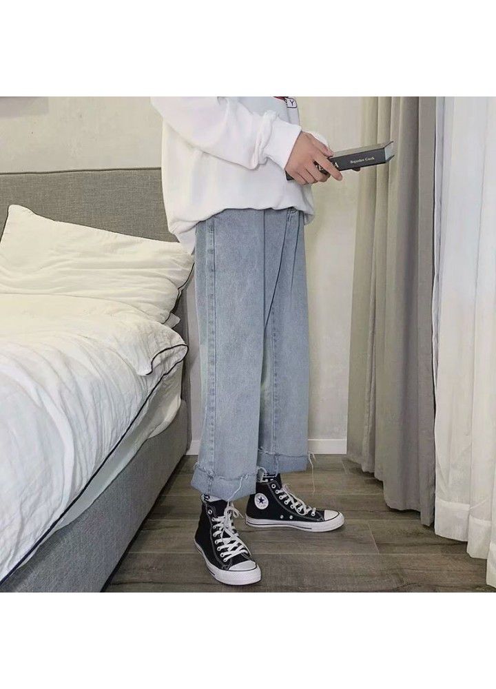 Fall feeling wide leg jeans in autumn and winter men's trendy brand loose teenagers straight tube daddy trendy quarter pants