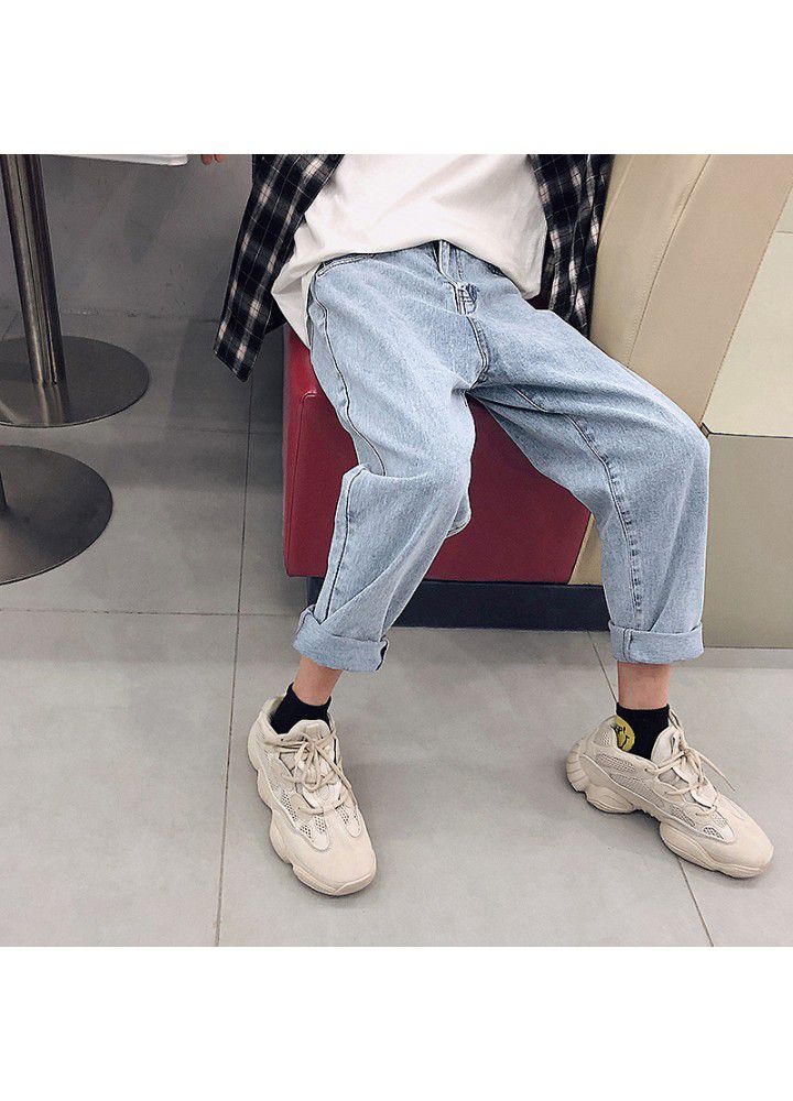 Spring and summer new nine point straight jeans, Korean fashion pants, men's loose casual wide leg pants