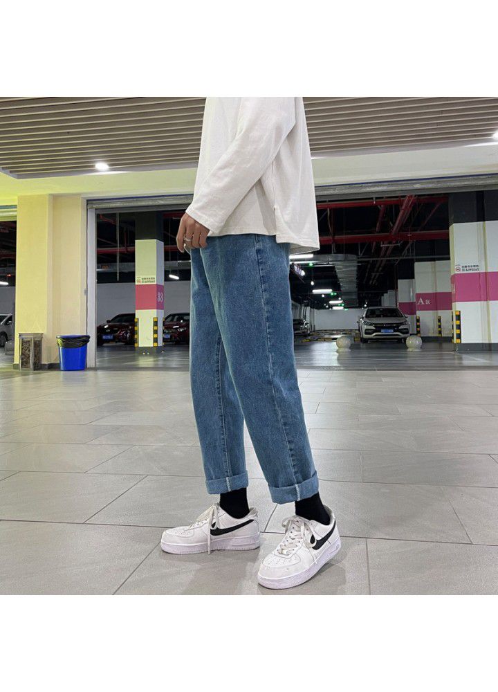2021 spring and autumn couple Korean youth loose straight tube Street trend jeans casual Capris students