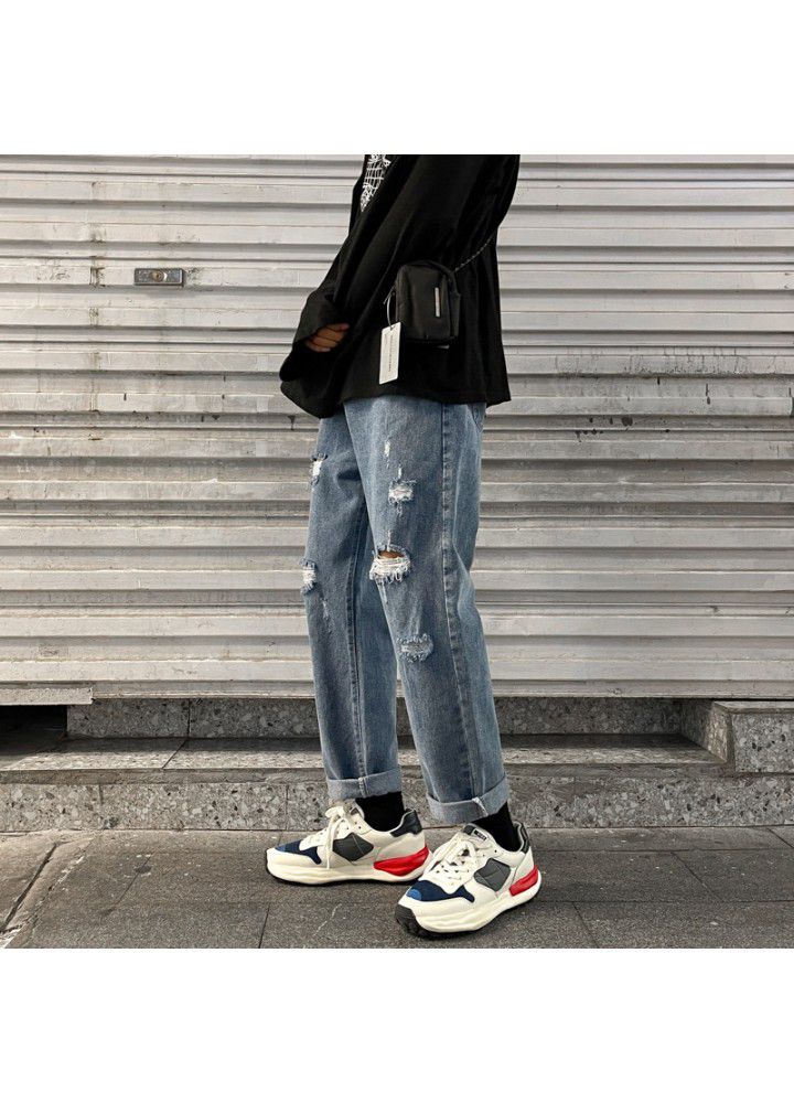 Spring and autumn loose Korean youth casual Capris straight cut trend jeans men's one hair substitute