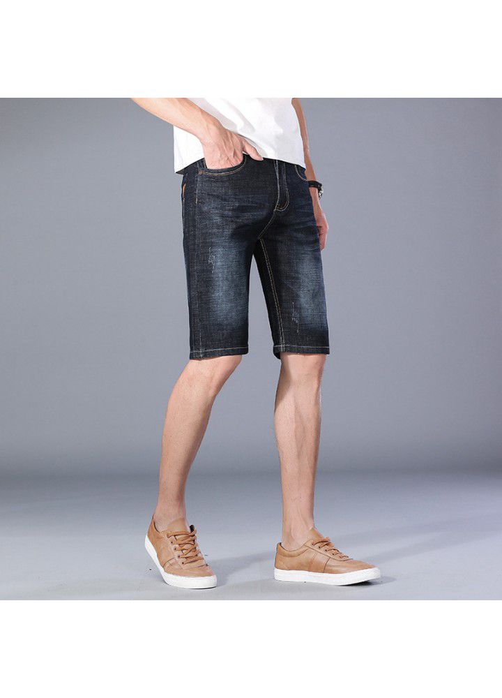 Summer men's jeans 2021 thin 5-point pants elastic Korean wash leisure Youth Foreign Trade shorts