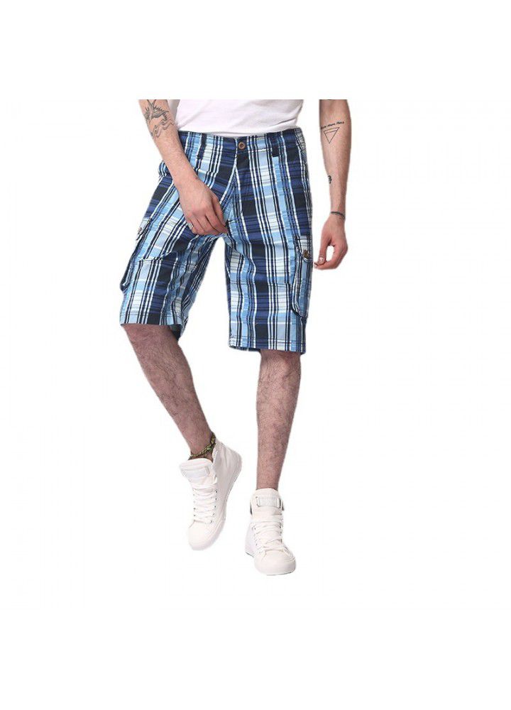 Summer new loose Multi Pocket Plaid beach pants casual Capris work Capris men's pants