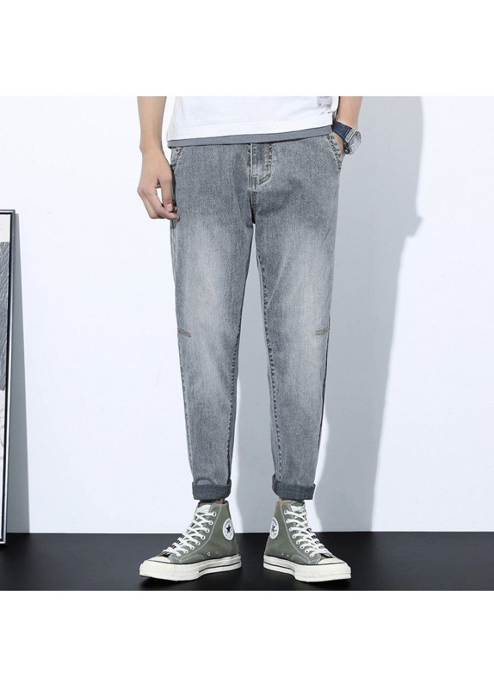 Spring and summer new men's jeans loose small straight tube Japanese elastic washed foreign trade men's pants 2021