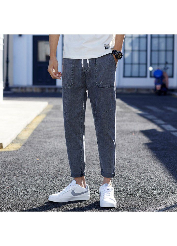 Men's jeans autumn 2021 Hong Kong Style Men's fashion Youth Foreign Trade bullet less men's small leg quarter pants