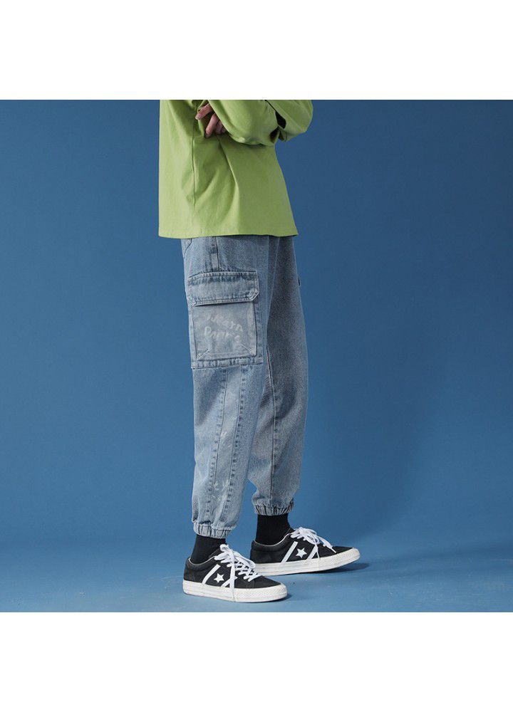 Men's autumn Korean version overalls middle waist wash bullet free spot youth cotton 90% casual jeans men's pants