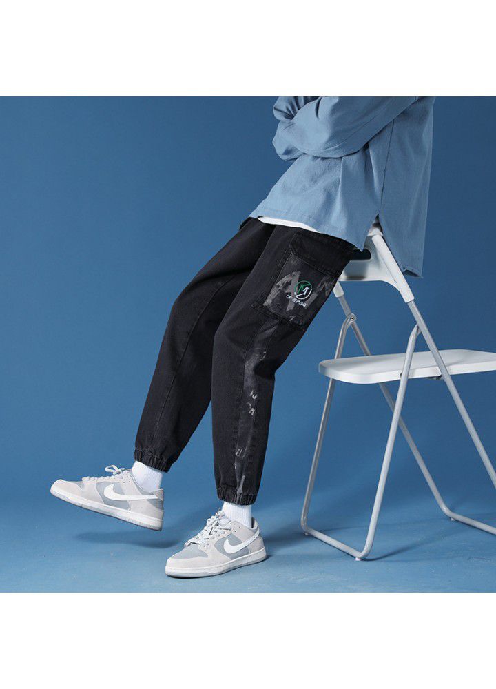 Men's autumn Korean version overalls middle waist wash bullet free spot youth cotton 90% casual jeans men's pants