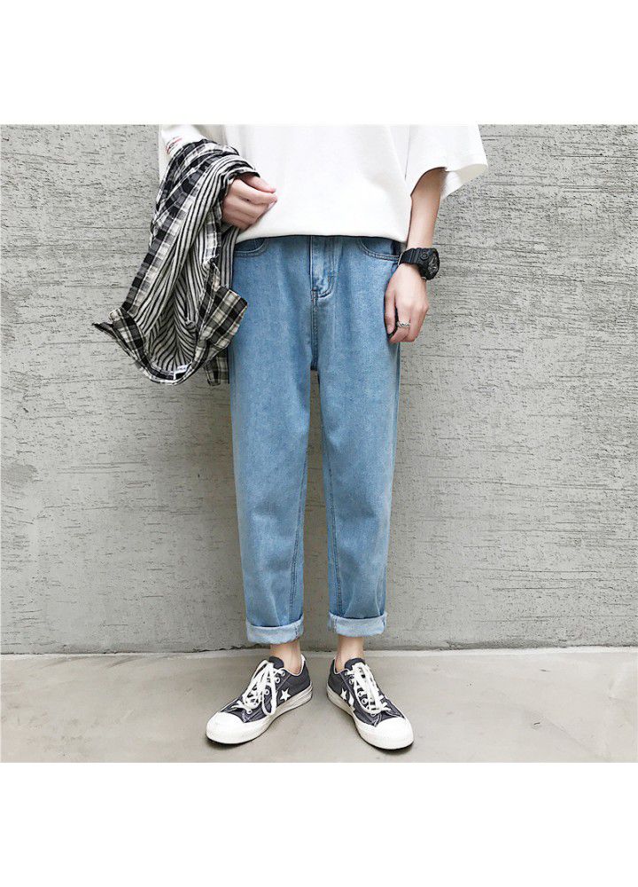 Hong Kong Style 9-point denim pants men's loose drop feeling straight tube wide leg Korean fashion summer thin daddy pants