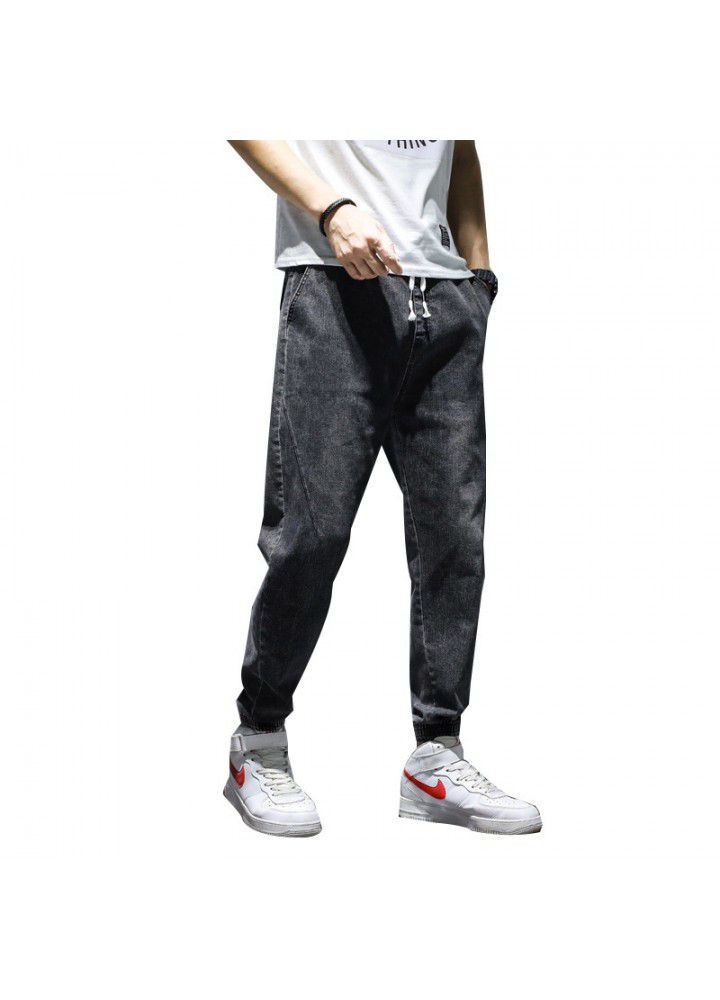 Korean fashion medium waist large size loose four seasons leisure fashion pants young men's lace up small leg jeans