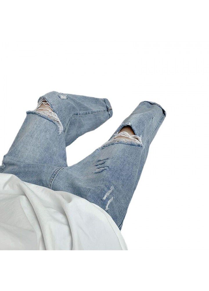 Net red perforated jeans men's Korean fashion loose straight jiufenchao pants summer thin