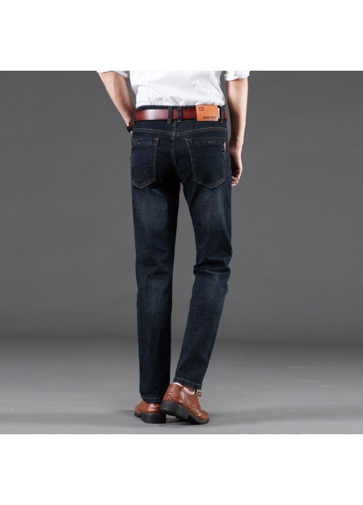 2021 new four seasons middle aged jeans men's high elastic slim loose straight pants denim one hair