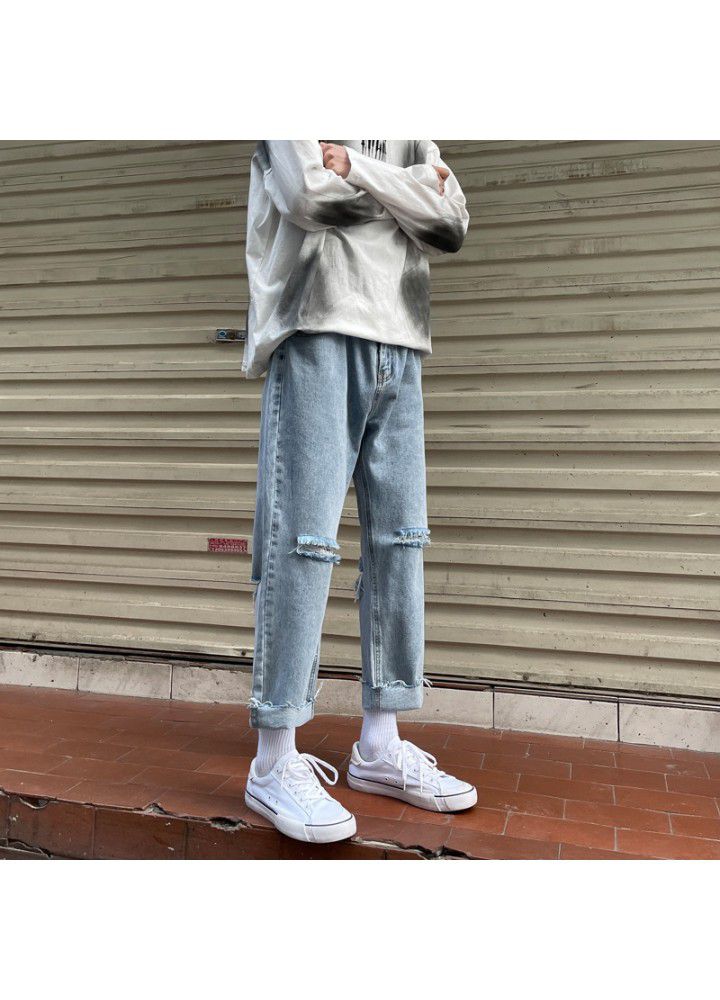 Spring and autumn loose Korean youth casual Capris straight cut trend jeans men's one hair substitute